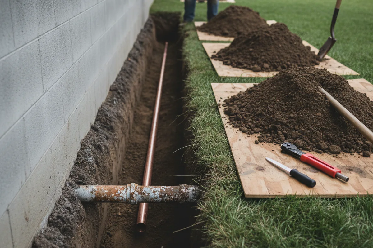 Excavated water line trench during Water Softener Installation in Thelma